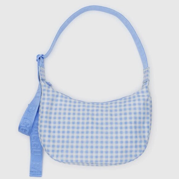 Baggu Medium Nylon Crescent Bag with Key Leash Light Blue Gingham - Picture 1 of 6